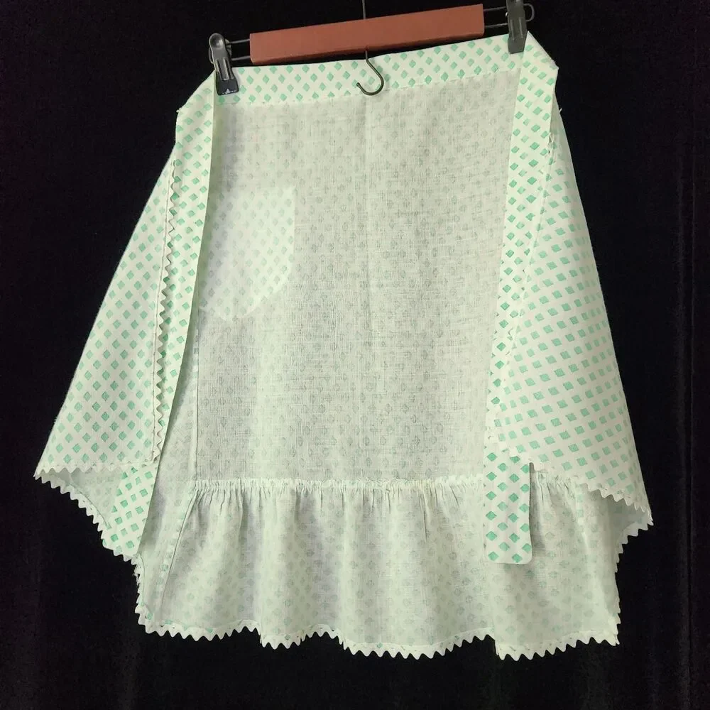 OOAK Half Apron Vintage Kitchen Turquoise Aqua White Plaid with Rick Rack Hem